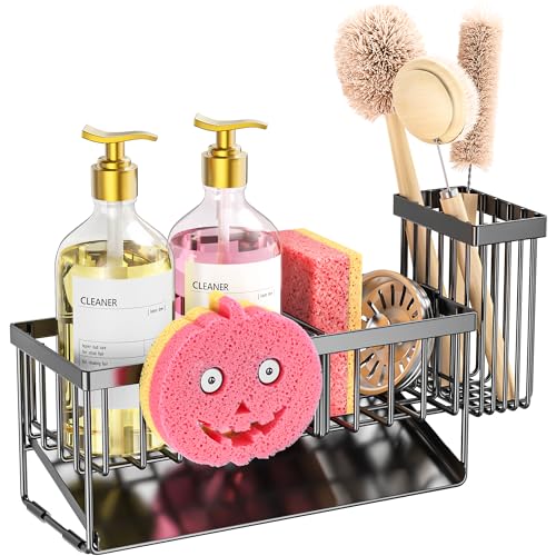 Sponge Holder for Kitchen Sink,Smiley Face Sink Caddy with Removable Brush Holder,Self-Draining Sponge Caddy for Sponge,Soap,Dish Brush,Scrubber,Kitchen Essentials and Gadgets