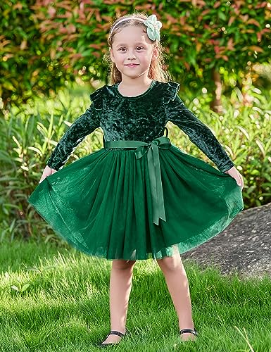 UNICOMIDEA 1-6T Toddler Velvet Dress Little Girls Tutu Tulle Crewneck Long Sleeve Holiday Party Fashion Dresses3