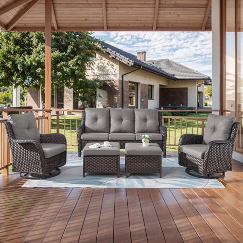 HUMMUH 5 Piece Wicker Patio Set, Sofa & Swivel Rockers, Brown/Grey