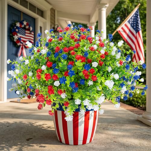 Hananona 12 Pcs Artificial Flowers Outdoor, Faux Artificial Plants UV Resistant Plastic Patriotic Flower Bulk for 4th of July Hanging Planter Porch Window Home Summer Decor 12, Red, White, Blue
