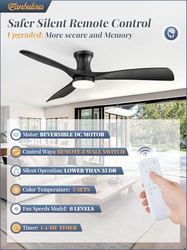 Fanbulous 52 Inch Ceiling Fans with Lights and Remote, 3 Blades Flush Mount Low Profile Ceiling fan, Efficient 3475 CFM, Safe ABS, Timer, Quiet 35dB, 3CCT, Reversible for Bedroom Living Room, Black — view 6
