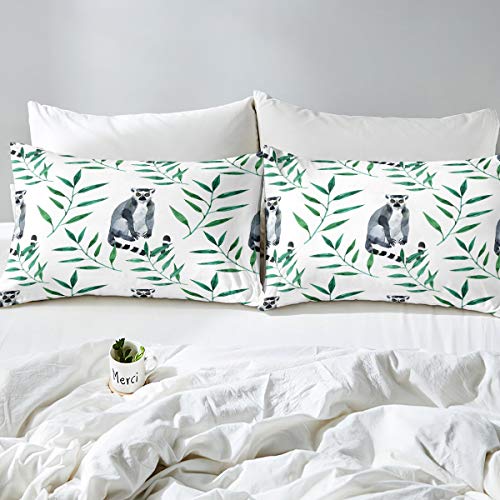 Madagascar Fitted Sheet Twin Size, Lovely Lemur Pattern Bedding Set Twin Size For Kids Boys Girls Teens Jungle Foliage Leaves Bed Sheet Cute Animal Aloha Botanical Tree Bed Cover With 1 Pillow Case #TOP2