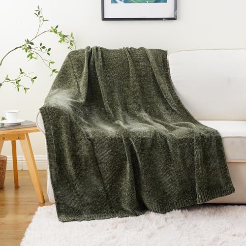 BATTILO HOME Olive Green Chenille Throw Blanket for Couch, Cozy Knit Throw Blanket for Bed Sofa Outdoor, Super Soft Warm Green Blankets Chenille Blankets for Home Decor, 51"x67" by BATTILO HOME - Image 3