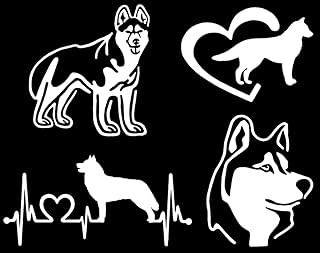 Siberian Husky Decal 4 Pack: Detailed Husky, Husky Heart, Husky Heartbeat, Husky Face Decals (Large ~5", White)