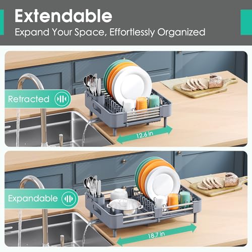 TOOLF Dish Drying Rack, Expandable Dish Rack for Kitchen Counter, Anti-Rust Dish Drainer, Sink Organization and Storage Essentials with Cutlery & Cup Holder, Gray by TOOLF - Image 2