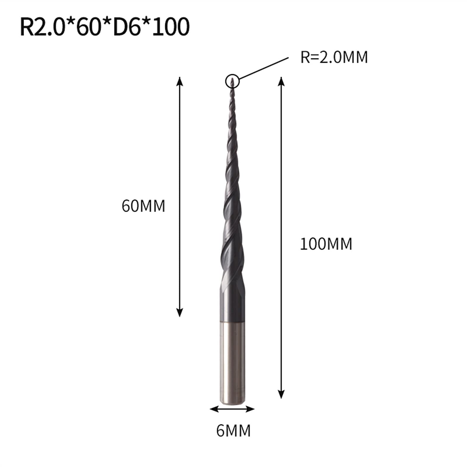 Tungsten Carbide Storówka Stożkowa Kulka End Mill Router Bit do frezowania Frezarki Drewna CNC Frezy trzpieniowe JIYAMI'EN EL (Size : R2X60XD6X100L)