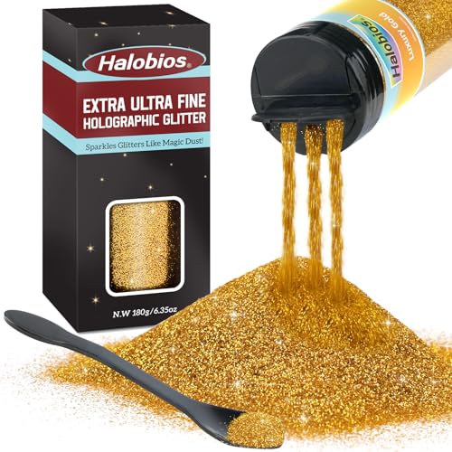 Halobios Extra Fine Glitters, Holographic Gold Glitter, 180g(6.35oz) Ultra Fine Glitters, 1/128 Resin Glitter Powder for Hair Body, Nails, Arts and DIY Crafts Decoration