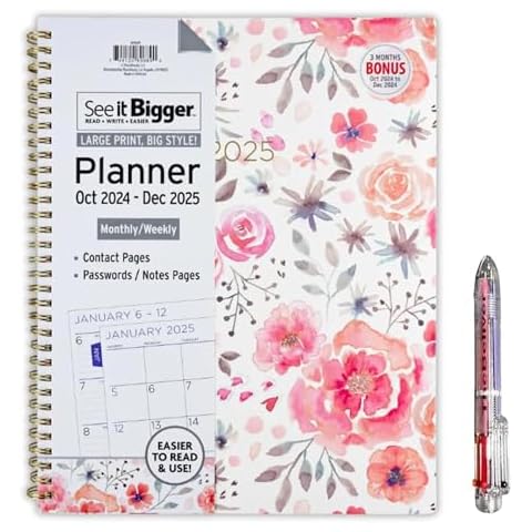 PlanAhead See It Bigger from October 2024 to December 2025 Weekly Monthly Planner, Large Size (9.75" x 11") and 6 in 1 Multicolor Ballpoint Colorful Ink Pen from TheBeliver. (FLOWERS) Cover