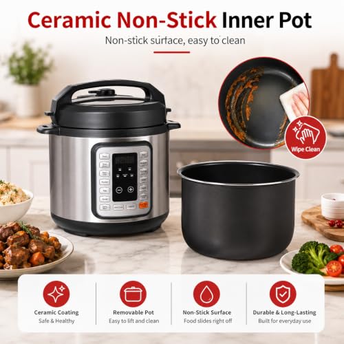 Image of Simple Deluxe Electric Pressure Cooker 8.5Qt, 12 Presets Instant Multi Cooker, Olla de Presion Nonstick Pot 8 Quarts for Slow Cook, Rice Cook, Steam, Saute, Canning, Yogurt Maker, Warm, Silver