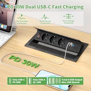 Multiprise Encastrable 2 USB C PD 30W, Aluminium Prise Encastrable Plan de Travail avec Interrupteur, Bloc Prise Escamotable pour Cuisines Bureaux Salle de Réunion, 1.8M Câble, Noir