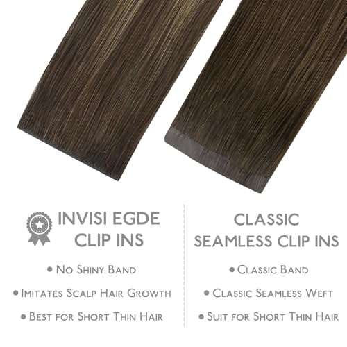 Image of WENNALIFE Invisible Edge Seamless Clip in Hair Extensions Real Human Hair | 20'' 150g 7pcs Balayage Chocolate Brown to Caramel Blonde. Ultra-Thin PU Weft, Easy Clip On Extensions, Comfortable