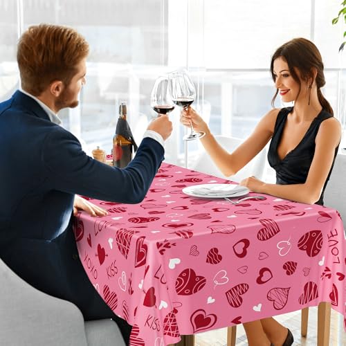 Image of 4 Pack Valentines Plastic Tablecloths, Disposable Valentines Party Favors, Romantic 54 inch X 108 inch Red Pink Table Cloth, Galentines Decorations Heart-shaped Love Tablecover for Wedding Happiness Decor