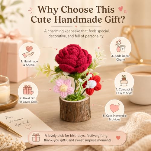 Image of Handmade Crochet Flower with Real Wood Base, 12 cm Pink Red & Green Artificial Knitted Rose Bouquet for Home Office Table Shelf Desk Decor, Bedroom Living Room Gift Decoration