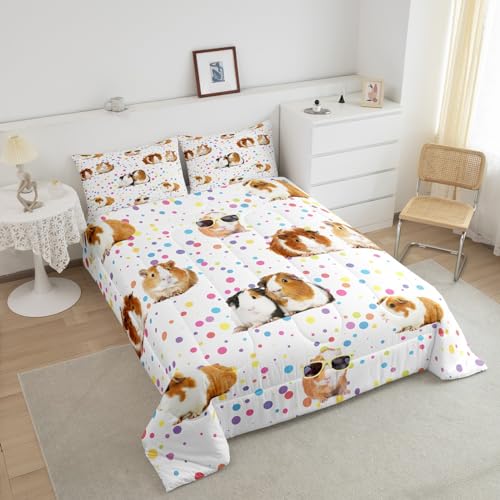 Image of Guinea Pig Bedding Set for Girls Boys Children Cute Cavy Pattern Comforter Decorative Cartoon Lovely Pet Animal Comforter Set Colorful Polka Dots Duvet Set Twin Size 2Pcs Bedspreads Coverlet Sets