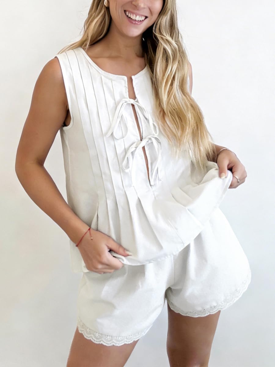 Womens Summer Short Sets 2 Piece Outfits Pleated Front Tie Tank Top and Shorts Cotton Pajamas Set - Image 2