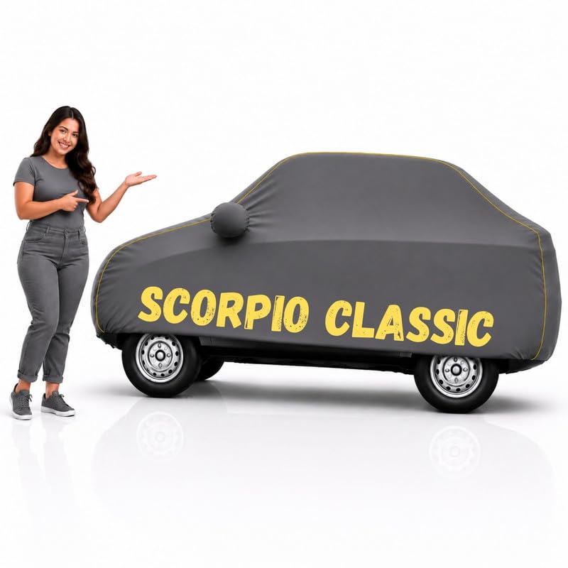 Image of Long-Life 100% Waterproof Scorpio Classic Car Body Cover for Dust & Rain, Compatible with All Models of Scorpio Classic Car Cover, Comes with Bird Droppings, Scratch, UV and Paint Protection - Grey