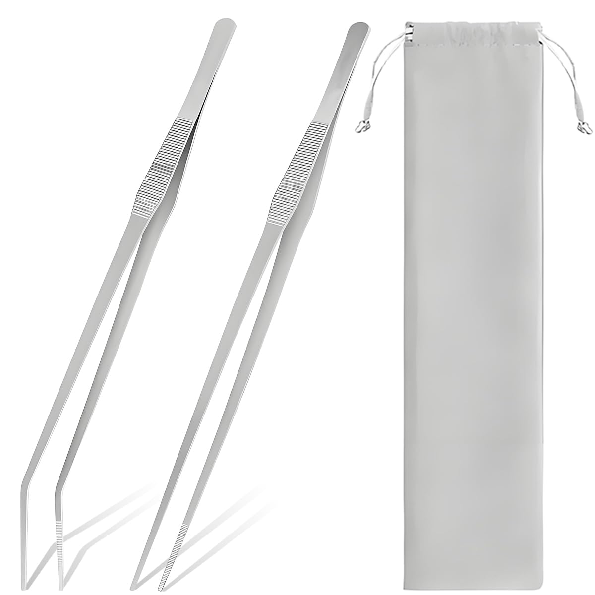 ZHUROUPU 2Pcs Extra Long Stainless Steel Aquarium Tweezers 38cm/15inch, Reptile Feeding Tongs Straight/Curved Anti-Slip Tweezers with Storage Bag for Fish Tank Aquascape, Reptile Snake Feeding