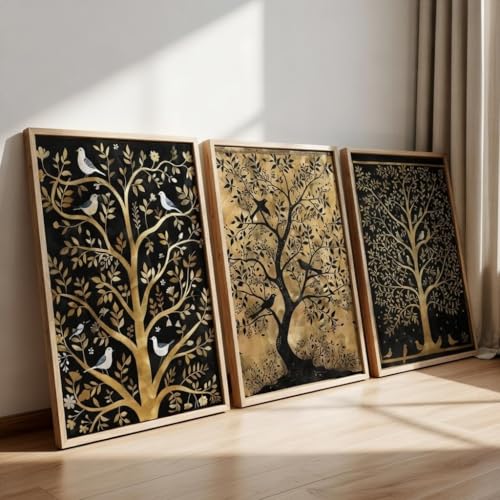 Image of Livin'luxe Set of 3 Golden Tree Wall Art Premium MDF Wooden Color Framed HD UV Printed Decorative Painting for Living Room Bedroom Hallway Office Home Decor 11 Inch x 14 Inch