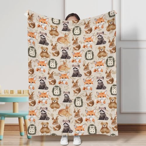 Image of Cute Animals Baby Blanket for Boys Girls Cute Bear Raccoon Deer Rabbit Hedgehog Retro Floral Flannel Swaddle Blanket Soft Receiving Blankets Nursery Toddler Newborn Daycare Bed Blankets 60x80