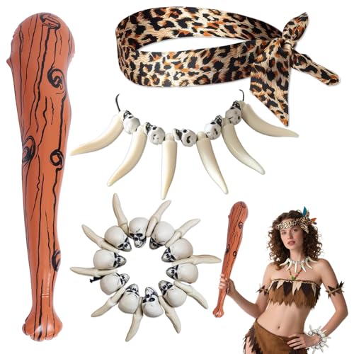 MFCGHXR Costume d'homme des cavernes avec Accessoires - Set de déguisement Complet - Bâton Gonflable, Bandeau léopard, Collier et Bracelet crâne D'Ivoire - Taille Unique