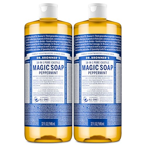 Dr. Bronner's Pure-Castile Magic Liquid Soap- Made with Regenerative Organic Oils- For Body, Face, Hair, Dishes, Pets, Laundry Natural, Vegan, Non-GMO - Peppermint, 32 oz (2-Pack)