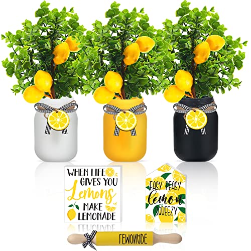 Jexine 12 Pcs Lemon Mason Jar Centerpieces for Table Summer Table Decorations with Wooden Signs Rolling Pin Farmhouse Artificial Lemon Tiered Tray Decor for Spring Summer Home Kitchen Dining Party