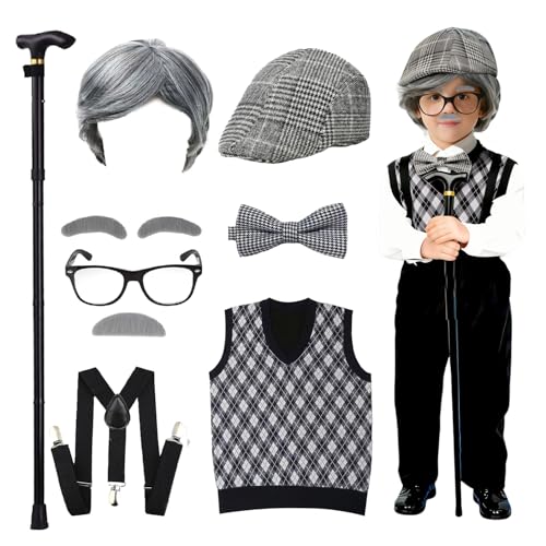 Kevsuvqin Kids Old Man Costume for Boys 9 Pcs Set, 100 Days of School Costume Boys with Adjustable Cane, Wig, Vest(Ages 3-12)