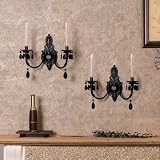 WOPARTY Black Iron Candle Sconces Gothic Wall Candle Holder Set of 2, Handcrafted Wrought Victorian Wall Mounted Candlestick with Acrylic Crystals for Halloween, Bedroom, Living Room, Dining Room