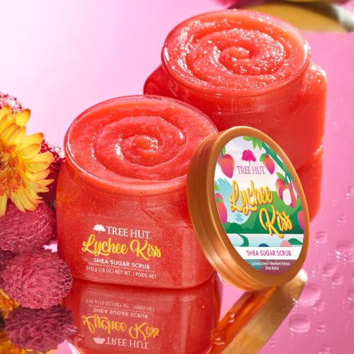 Image of Tree Hut Lychee Kiss Shea Sugar Scrub, Exfoliating, Hydrating & Moisturizing Body Scrub with Shea Butter & Nourishing Essential Oils, Smooth & Soften Skin, 18 oz