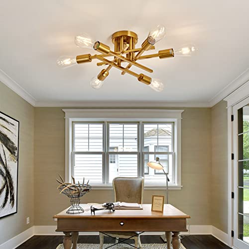 Image of ASGYISA 6-Lights Semi Flush Mount Ceiling Light Fixture Gold Modern Matte Sputnik Chandelier Vintage Ceiling Lamp Farmhouse for Kitchen Bedroom Dining Room Living Room with E26 Bulb Base