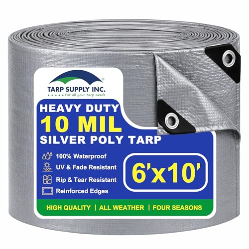 TARP SUPPLY Inc Heavy Duty Tarp 6x10 FT 10 Mil Thick Waterproof Tarps with Grommets UV&Tear Resistant Tarpaulin Silver Plastic Cover for Pool Roof Tent Outdoor Firewood Furniture