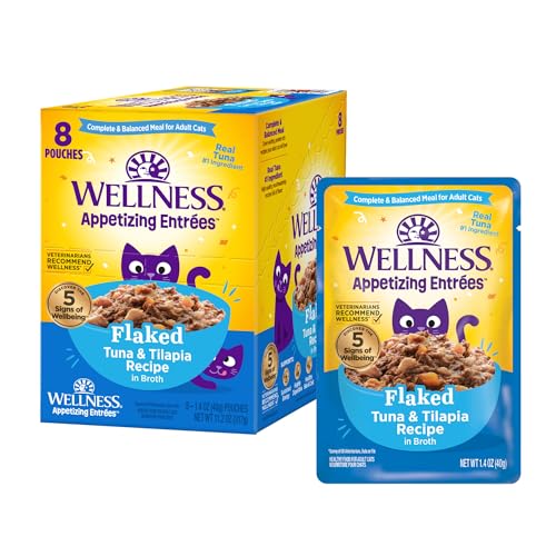 Wellness Appetizing Entrées Flaked Adult Wet Cat Food, Natural, Protein-Rich, Grain Free, 1.4 Ounce Pouch, 8 Pack (Tuna & Tilapia Recipe)