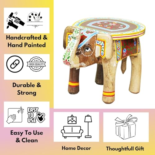 Image of Hand-Crafted and Colorful Emboss Painted Wooden Elephant Shape Stool Cum Gardan Table,Decorative Showpiece (8 Inches Height, Natural)