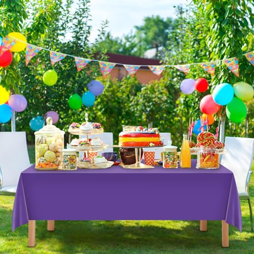 Image of Mulbozy 12 Pcs Dark Purple Plastic Tablecloth for Rectangle Table, 54 x 108 inches Disposable Purple Party Table Covers for Birthday, Anniversary, Wedding, Fine Dining, Graduation Party Decoration