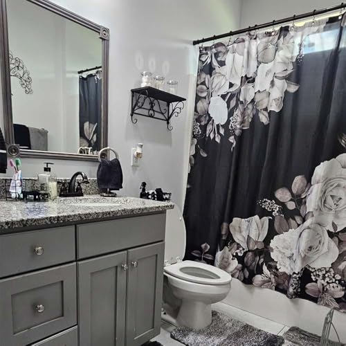 Jipusai Black and White Rose Shower Curtain Sets for Bathroom, White Gray Blossom Floral Bath Curatins, Fabric Machine Washable Modern Art Decor Curtains with Hooks 60X70IN