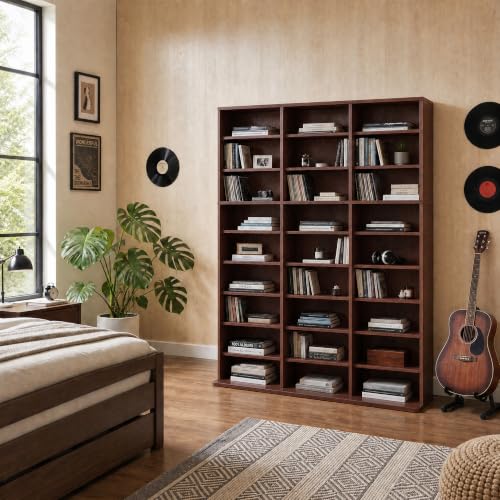 Image of Garvee 9 Tier Tall CD Display Cabinet, 27-Compartment Media Tower, Walnut