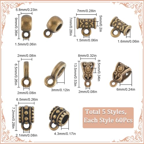 SOFPLATE 1 Box 300Pcs Small Bail Beads Large Hole Spacer Beads with Charms Alloy Cylindrical Textured Tibetan Antique Bronze Bail Bead Connectors for Jewellery Making Pendant Necklace Supplies DIY - Image 2