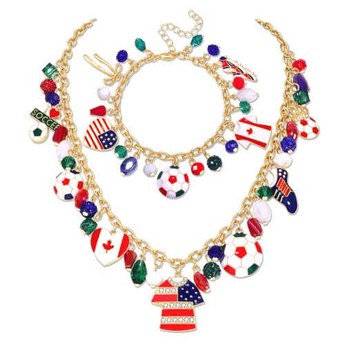YAHPERN 2026 World Cup Soccer Charm Necklace Bracelet Set, 14K Gold Plated USA Canada Flag Soccer Ball Game Day Jewelry, Adjustable Sports Fan Accessories Gift for Women Soccer Mom
