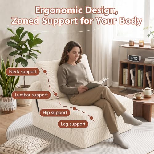 Image of Floor Sofa Bed, Convertible 2-in-1 Corduroy Couch with High-Density Sponge, Foldable Stackable Seat for Living Room Bedroom Dorm Game Room, No Assembly Required (White)
