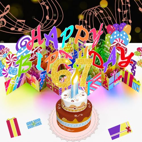 Image of 67th Pop-Up Musical Birthday Card, Blowable LED Candle for Women and Men