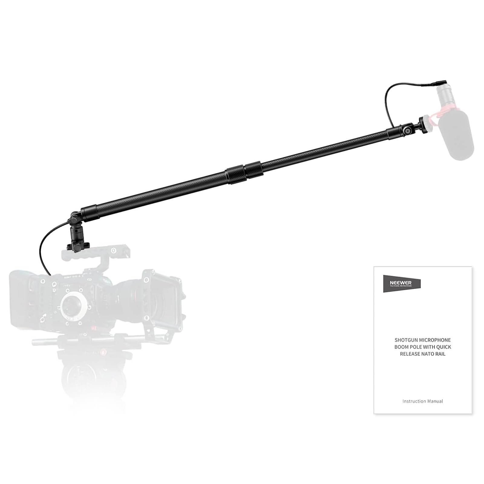 NEEWER Carbon Fiber Microphone Boom Pole, 44-92cm Extendable, Built In 3.5mm TRS Male to Female Cable, NATO Nail, Cold Shoe Mount, 180° Tilt, 500g Max