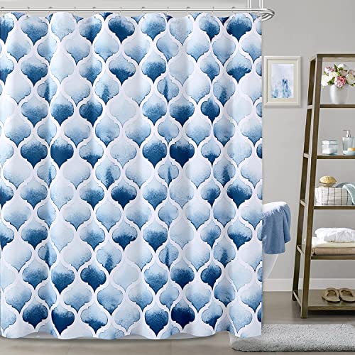 Nanspring Blue Shower Curtain Moroccan Pattern Shower Curtains For Bathroom Geometric Quatrefoil Shower Curtain Set Linen Texture Fabric Shower Curtain For Hotel Bathroom, 72X72 Inch #TOP6