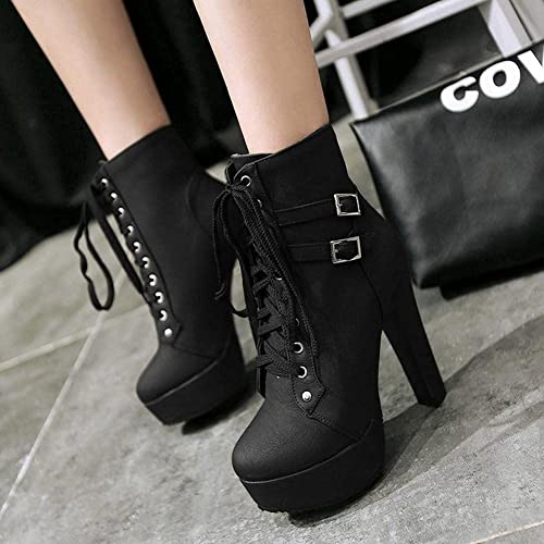 HINDOLA Women Boots Fashion High Heel Lace Up Ankle Boots Ladies Round Toe Buckle Knight Ankle Boots4