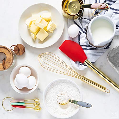 Gold & Red Kitchen Utensils Set With Holder -Gold Utensils Set: Gold Whisk, Gold Ladle, Red Spatula, Gold Tongs, Gold Spoon, Red Silicone Turner, Gold Utensil Holder -Red Kitchen Decor And Accessories #TOP4