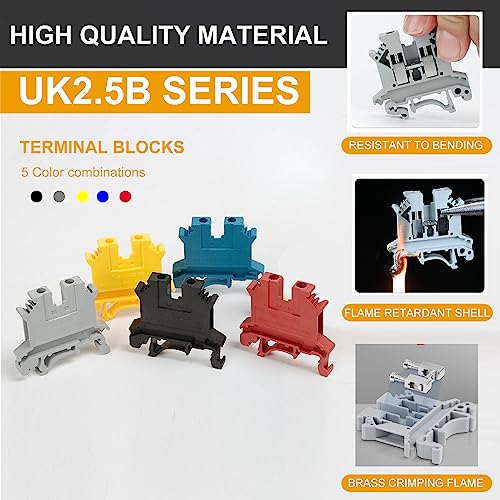 Erayco Din Rail Terminal Block Kit 20 Uk2.5B 12 Awg Gauge Terminal Blocks 20A 600V Ground Blocks Fixed Bridge Jumpers End Covers End Brackets #TOP2