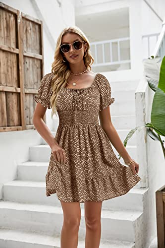 Image of Womens Babydoll Mini Dress Casual Square Neck Short Sleeve Summer Dresses | Empire Waist, Smocked, Flowy, Short Beach Dress, Vacation, Floral, Boho