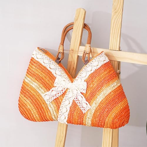 Bolso playero de paja con lazo de encaje para mujer miniatura 3