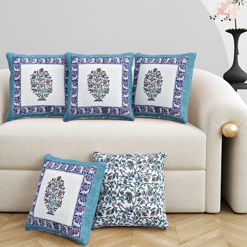 Image of BLOCKS OF INDIA Hand Block Printed Cotton Linen Cushion Cover (16 x 16 inches) (Blue VASS)