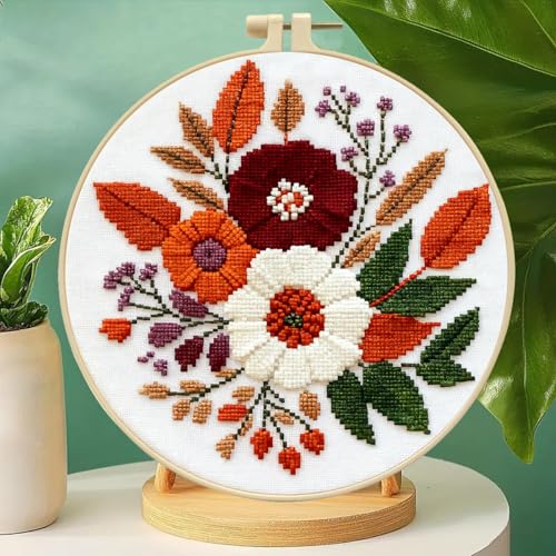 Image of Zhenqing Floral Bouquet Cross Stitch Kit for Beginners - Complete Set with Pre-Printed 11CT 24x24cm Fabric, Hoop & Threads (68993)