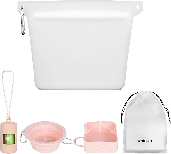 EffiBrill Silicone Dog Treat Pouch with Zipper - Pet Travel Accessories, Collapsible Food & Water Bowls & Poop Bag Holder, for Small to Medium Dogs - Walking Hiking Camping (Pink)